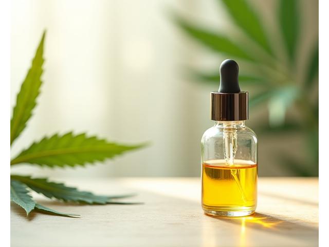 Butelka organicznego oleju CBD na drewnianym tle z liśćmi konopi, symbolizująca produkt miesiąca.